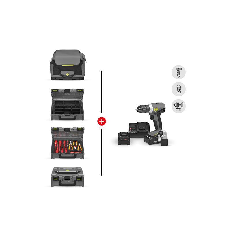 STRAUSSbox System: Werkzeug-Set Elekt+Multi Bohrschrauber+STRAUSSbox + basaltgrau/acidgelb