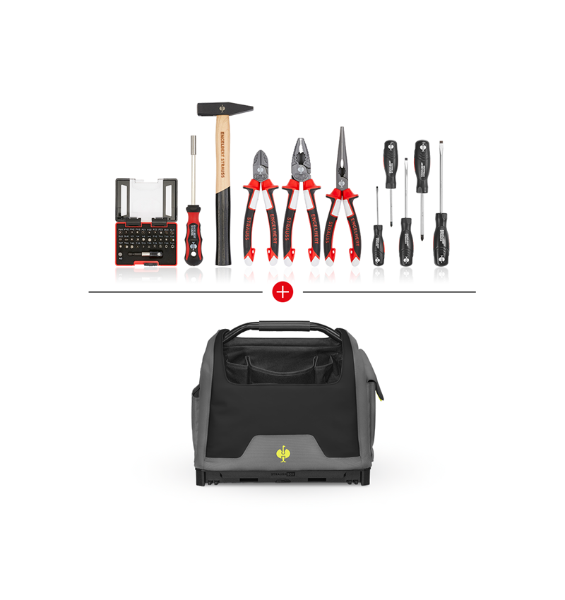 STRAUSSbox System: Werkzeug-Set + STRAUSSbox Werkzeugtasche offen + basaltgrau/acidgelb