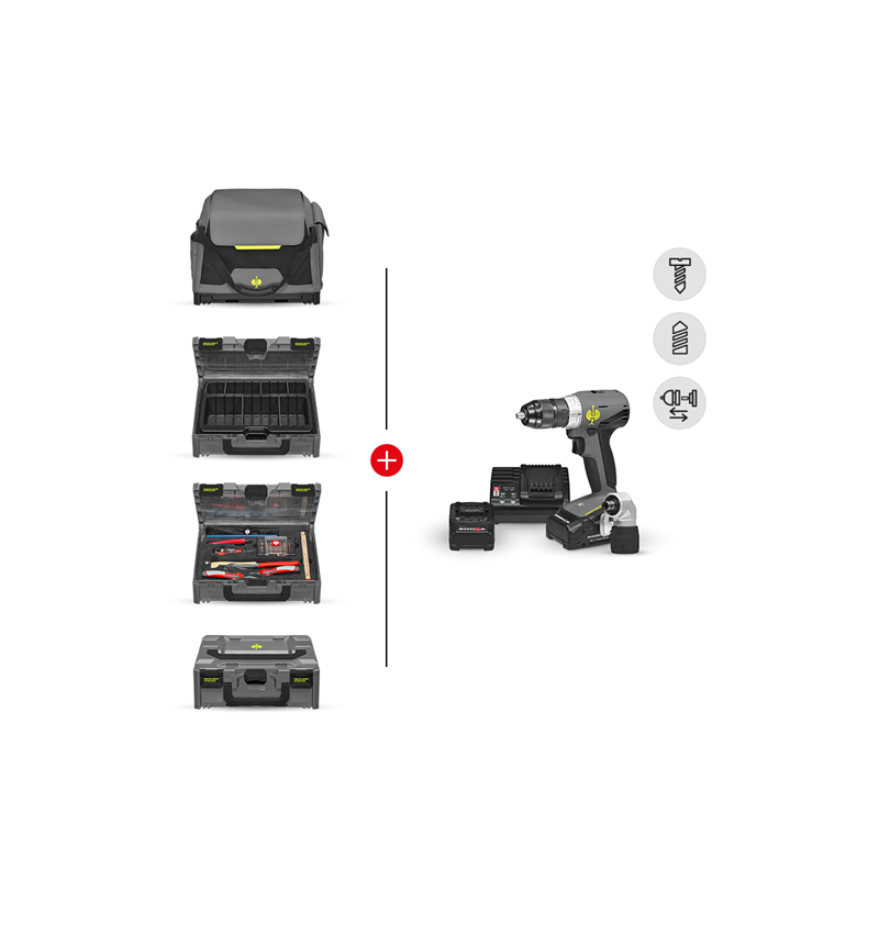 STRAUSSbox System: Werkzeug-Set + Multi Bohrschrauber + STRAUSSbox + basaltgrau/acidgelb