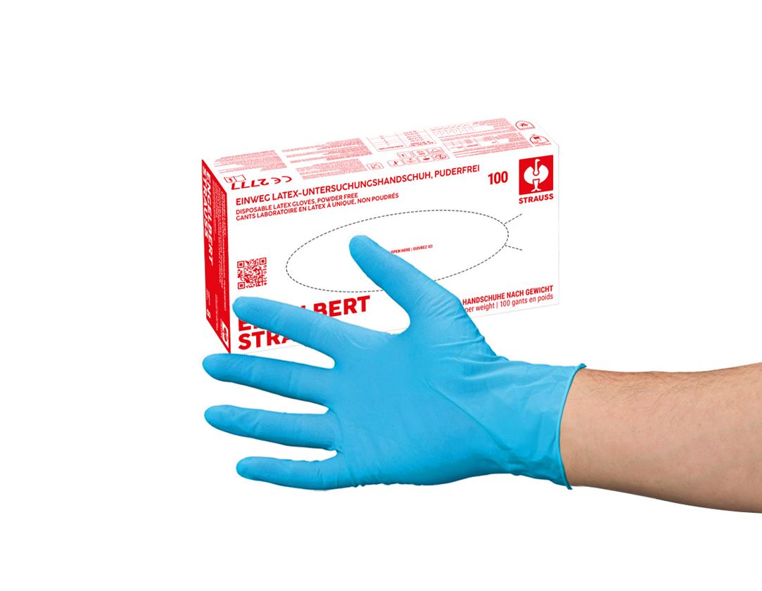 Coated: Disposable latex examination gloves, powder-free + blue